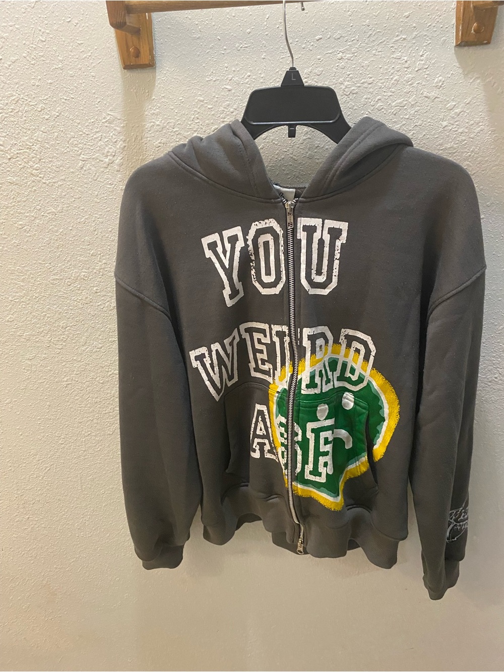 Men's Dark Gray Zip Hoodie with Green & Yellow Graphic